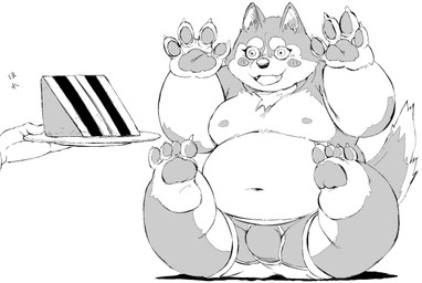 anthro belly blush bulge cake clothing dessert dialogue disembodied_hand duo food kemono male moobs navel nipples overweight overweight_male sandwich_(food) simple_background sitting solo_focus text underwear white_background meg_hoi canid canine canis domestic_dog mammal 2015 greyscale japanese_text monochrome