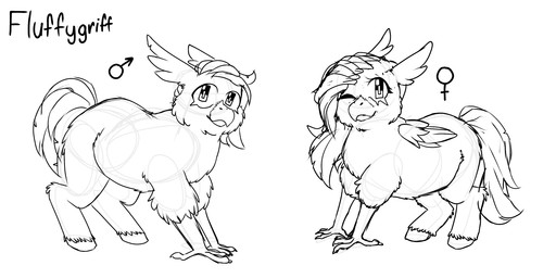 4_wings ambiguous_feral ambiguous_gender beak duo feet feral hair head_wings hooves looking_at_viewer multi_wing one_eye_closed side_view smile standing tail talons text toes unusual_wing_placement wings wink young young_ambiguous young_feral poyoboyouwu fluffy_pony mythology avian fluffy_pony_(species) gryphon hybrid mammal mythological_avian mythological_creature 2026 digital_media_(artwork) english_text guide_lines hi_res monochrome species_name female_(lore) male_(lore)