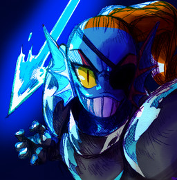 5_fingers armor backlighting blue_background blue_body clothing ear_fins ear_frill eye_patch eyelashes eyeshadow eyewear female fin fingers frill_(anatomy) front_view gauntlets gloves glowing_weapon grin hair handwear light looking_at_viewer makeup melee_weapon noseless pauldron polearm ponytail pupils red_eyeshadow red_hair simple_background slit_pupils smile solo spear weapon yellow_sclera rakugaki-otoko undertale undertale_(series) undyne aquatic fish 2015 bust_portrait lighting portrait