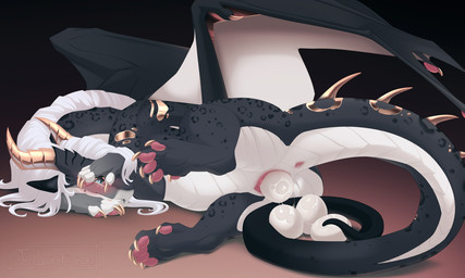 abdominal_bulge anus belly big_belly black_body blue_eyes blush butt claws clitoris covering covering_face egg egg_bulge embarrassed female feral finger_claws genitals gold_(metal) golden_claws horn long_neck long_tail lying membrane_(anatomy) membranous_wings on_side oviposition pawpads pink_pawpads pregnant pregnant_female pregnant_feral scales solo tail toe_claws vaginal_oviposition vulva watching_self white_body white_scales wing_claws wings conditional_dnp jellyntical mythology aura_(aurasentinel) altynshine_dragons dragon mythological_creature mythological_scalie scalie shaded nonbinary_(lore)