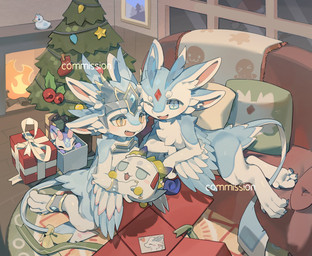 4_ears ambiguous_anthro ambiguous_gender anthro arms_bent bent_legs blue_body blue_eyes blue_feathers blush chest_tuft christmas_present christmas_tree clothing detailed_background digitigrade dipstick_tail duo eyebrows feathers feet fire fireplace floor forehead_gem furniture gem gift headgear headwear holding_object holding_plushie holidays inner_ear_fluff inside iris leg_accessory lying markings multi_ear multicolored_body multicolored_feathers multicolored_wings on_side one_eye_closed open_mouth open_smile pillow plant plushie pupils red_gem rug smile snout sofa star_pupils symbol-shaped_pupils tail tail_markings tan_inner_ear tree tuft unusual_pupils white_body white_feathers white_sclera white_tail_tip window winged_arms wings yellow_eyes theresnobody827 christmas avali avian 2026 chinese_description digital_media_(artwork) hi_res shaded
