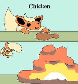 2_panel_comic ambiguous_gender chicken_meat explosion feral food meat roast_chicken_leg shitpost solo text richard_roe nintendo pokemon eeveelution flareon generation_1_pokemon pokemon_(species) low_res meme