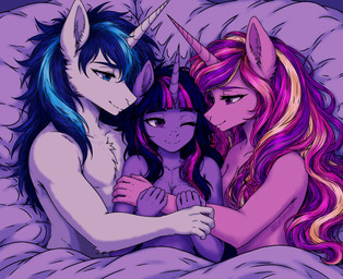 anthro bed bed_sheet bedding blanket breasts chest_tuft cleavage clothed clothing female furniture group horn hug husband_and_wife inner_ear_fluff male male/female married_couple nude trio tuft luniveravini friendship_is_magic hasbro my_little_pony mythology princess_cadance_(mlp) shining_armor_(mlp) twilight_sparkle_(mlp) equid equine mammal mythological_creature mythological_equine unicorn absurd_res hi_res brother_(lore) brother_and_sister_(lore) incest_(lore) sibling_(lore) sister_(lore)