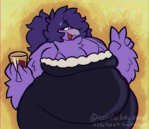 alcohol anthro beak belly beverage big_belly big_breasts black_clothing black_dress breasts clothing container cup dress drinking_glass female gesture glass glass_container glass_cup hair hand_gesture huge_belly overweight purple_body purple_hair simple_background smile smiling_at_viewer solo v_sign wine wine_glass yellow_background icebitez jinx_(jinx_birdy) avian bird half-length_portrait portrait