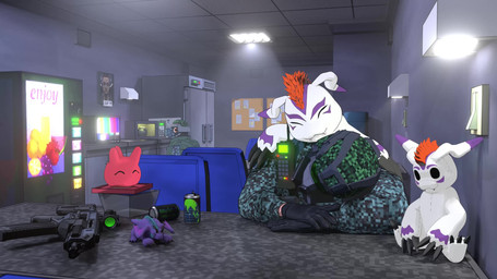 30fps 3_fingers 3_fingers_gloves 5_fingers ambiguous_gender anime_style announcement announcer appliance arm_markings armor assault_rifle backpack balaclava belt beverage beverage_can biped biting_clothing blind_eye blue_clothing blue_hair board cafeteria camo camo_body ceiling_lamp ceiling_tiles chair claws clock clothing coffee_cup container countershading cup dessert digital_camo document doughnut ear_markings ear_protection ears_up electronics explosion eye_patch eyewear face_hidden falling fangs fingerless_gloves fingers flying_kick food food_container fridge fur furniture gas_mask gesture gloves green_eyes green_helmet group gun hair hand_markings handwear headgear headwear helmet hug inside interrupted jumping jumping_on_another jumpscare kick kitchen_appliance lamp licking light light_switch long_ears looking_at_another looking_back looking_back_at_another machine male markings mask microwave_oven midair military music on_top on_top_of_another orange_eyes out_of_order paper pastry photo plushie pupils purple_body purple_claws purple_countershading purple_markings purple_plushie pushing_away radio ranged_weapon red_body red_hair rifle running scope scratching scratching_back screaming seat sink sitting slap slap_(sound_effect) sleeping sliding sling_(weapon) soda soldier stitch_(sewing) table tail tail_motion teeth television television_glow tired tongue vending_machine visor waking_up walkie-talkie walking_away wall_lighting wall_lights warrior watch water_cooler weapon white_body white_claws white_fur white_pelt wide_mouth wiping wobbling wristwatch yellow_body jumpscare_warning scuzz_missile abiotic_factor bandai_namco black_mesa digimon toei_animation garabumon animate_inanimate aquatic commandramon digimon_(species) gomamon human living_plushie mammal punimon reptile scalie 16:9 3d_(artwork) 3d_animation animated background_music digital_media_(artwork) hi_res huge_filesize lighting long_playtime sound video widescreen