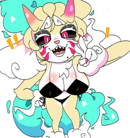 2_horns 4_fingers anthro bikini black_bikini black_clothing black_sclera black_swimwear chest_tuft clothed clothed_anthro clothed_female clothing countershading female female_anthro fingers fur gesture hair hand_gesture hand_on_hip head_horn horn mole_under_eye open_mouth open_smile sharp_teeth simple_background smile solo swimwear tail teeth tuft two-piece_swimsuit v_sign white_background white_body white_countershading white_fur yellow_body yellow_fur kiwisharku latte_(kiwisharku) canid canine mammal 2025 digital_drawing_(artwork) digital_media_(artwork) hi_res portrait