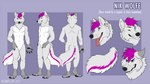 anthro blue_eyes ear_piercing featureless_crotch fur grey_body grey_fur grey_tail magenta_hair magenta_tail male multicolored_body multicolored_fur nude one_eye_closed piercing solo standing tail text tongue tongue_out two_tone_body two_tone_fur white_body white_fur white_tail wink noktivus nik_wolfe_(captainnik) canid canine canis mammal wolf 2017 english_text model_sheet