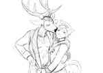 anthro antlers arm_around_partner arm_around_waist bow_tie clothed clothing duo hand_on_crotch horn kissing kissing_cheek looking_aside male male/male open_clothing open_robe robe slightly_chubby slightly_chubby_anthro slightly_chubby_male hladilnik deer_admiral_(hladilnik) ship's_catboy_(hladilnik) deer domestic_cat felid feline felis mammal 2025 black_and_white hi_res monochrome sketch