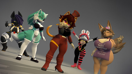 accessory anthro apron armwear bandage bandaged_arm bandaged_leg big_breasts boots breasts brown_hair clothed clothing eye_patch eyes_closed eyewear female flower flower_in_hair footwear gloves group hair hair_accessory hair_over_eye handwear hat headgear headwear huge_breasts legwear maid_uniform neckwear pink_eyes plant purple_hair red_hair shoes simple_background thong top_hat topwear underwear uniform yellow_eyes photolol.03 in_heat_(game) ari_(in_heat) maddie_(in_heat) nile_(in_heat) poppi_(in_heat) sammy_(in_heat) canid canine canis domestic_cat felid feline felis fox lagomorph leporid mammal pantherine rabbit tiger wolf 16:9 3d_(artwork) digital_media_(artwork) hi_res widescreen