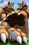 anthro big_breasts bottomwear breasts claws clothing extreme_size_difference female group holding_object hotpants huge_breasts looking_up macro male pawpads paws shorts size_difference text trio alef-gp nintendo pokemon canid canine eevee generation_1_pokemon mammal pokemon_(species) artist_name