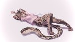 anthro bottomless clothed clothing female hands_behind_head horn lying on_back oversized_clothing pink_clothing pink_shirt pink_topwear shirt solo spots stripes tail tattoo tired topwear temils sya_ruusa dire_leopard 16:9 widescreen