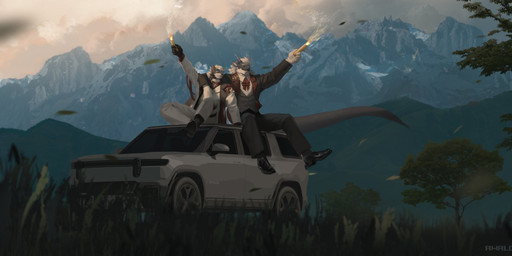 anthro arm_around_shoulders beard black_bottomwear black_clothing black_footwear black_pants black_shoes black_topwear bottomwear car clothed clothing cloud duo facial_hair footwear front_view fur grass green_ears grey_body grey_fur grey_horn grey_tail hair holding_object horn male male_anthro mountain mouth_closed open_clothing open_topwear outside pants plant red_eyes shoes sitting sky tail text topwear vehicle white_beard white_body white_bottomwear white_clothing white_facial_hair white_fur white_hair white_pants white_topwear awaldkize mythology rivian_automotive_inc canid canine dragon mammal mythological_creature mythological_scalie scalie 2025 absurd_res artist_name dated hi_res