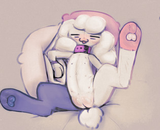 3_toes accessory anthro big_collar blush collar dialogue digitigrade eyes_closed feet feet_up female genitals glistening glistening_genitalia hair hair_accessory hair_tie long_hair lying multi_nipple nipples on_back pawpads pillow pin_(miii_cho) plushie scut_tail short_tail solo tail toes vulva miii_cho lagomorph leporid mammal rabbit