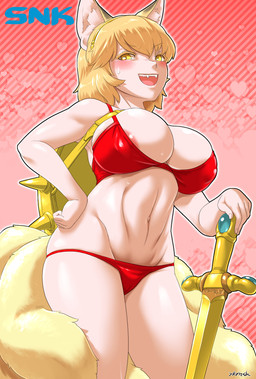 areola areola_slip backpack big_breasts bikini blonde_hair blush breasts camel_toe cleavage clothed clothing curvy_figure dipstick_ears ear_markings fangs female fluffy fluffy_tail fur hair hand_on_hip heart_background heart_symbol holding_melee_weapon holding_object holding_sword holding_weapon huge_breasts inner_ear_fluff light_body light_skin looking_at_viewer melee_weapon midriff monotone_hair multi_tail multicolored_ears navel nipple_outline open_mouth open_smile simple_background skimpy smile solo standing swimwear sword tail teeth tuft two-piece_swimsuit voluptuous weapon wide_hips yellow_body yellow_eyes yellow_fur yukaran_nosuke touhou ran_yakumo animal_humanoid canid canid_humanoid canine canine_humanoid fox_humanoid humanoid mammal mammal_humanoid hi_res
