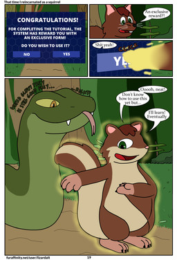 bright brightness duo feral forest forest_background forked_tongue green_eyes hair humor isekai male multicolored_body plant red_hair tail text tongue transformation tree lizarddude812 sunshine_(lizarddude812) american_red_squirrel flying_squirrel mammal pine_squirrel reptile rodent scalie sciurid snake tree_squirrel comic english_text hi_res url