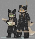 anthro boots clothing coat duo footwear furgonomics hood_up male raining shoes simple_background standing topwear carbine_wolf canid canine mammal absurd_res hi_res