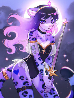 5_fingers anthro bangs black_choker black_clothing black_jewelry black_leotard black_necklace blush choker claws clothing cloud eyelashes female fingers hair heart_(marking) holding_melee_weapon holding_object holding_sword holding_weapon jewelry leotard long_hair looking_at_viewer markings melee_weapon moon necklace night outside pink_nose sky solo spots spotted_body sword tail weapon cepto_(artist) felid leopard mammal pantherine 3:4 colored digital_drawing_(artwork) digital_media_(artwork) hi_res shaded