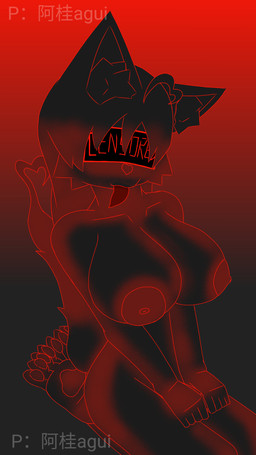 black_body black_ears black_feet black_fur black_hair black_legs black_nose black_tail dipstick_tail ear_piercing ear_ring feet female fur hair heart_symbol kneeling markings nipples paws piercing red_hair red_light red_line_art red_nipples red_paws red_tail red_tail_tip red_tongue ring_piercing solo tail tail_markings text tongue tongue_out agui_(artist) lobotomy_corporation project_moon censored_(project_moon) chimera humanoid censored colored_line_art hi_res monochrome
