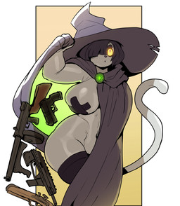 anthro big_breasts black_hair breasts cloak clothed clothing female fur glowing glowing_eyes grey_body grey_fur gun hair hair_over_eye hammerspace handgun hat headgear headwear huge_breasts legwear magic_user navel nipple_tape one_eye_obstructed pasties purple_eyes ranged_weapon robe robe_lift simple_background solo standing stockings tape thick_thighs weapon wide_hips witch witch_hat yellow_sclera ceehaz gunwitch_(dreamy_pride) domestic_cat felid feline felis mammal 2024 absurd_res hi_res