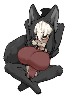 amber_eyes barefoot big_breasts black_body black_fur black_hair bone_in_mouth breasts chibi clothed clothed_female clothed_humanoid clothing crossed_legs dress feet female fluffy fluffy_tail fur hair huge_breasts looking_at_viewer multicolored_hair red_clothing red_dress solo tail two_tone_hair white_hair thevarking rana_ulfson animal_humanoid canid canid_humanoid canine canine_humanoid humanoid mammal mammal_humanoid wolf_humanoid 2026 hi_res