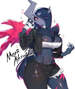 anthro big_breasts black_clothing blush breasts clothed clothing female hair long_hair looking_at_viewer red_eyes small_waist solo thick_thighs wide_hips togetoge nintendo pokemon pokemon_legends_z-a generation_9_pokemon mega_absol_z mega_evolution pokemon_(species) 2025 hi_res