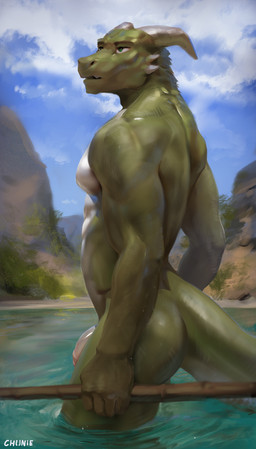 anthro butt casual_nudity detailed_background fishing flaccid foreskin genitals green_body green_eyes holding_object holding_weapon humanoid_genitalia humanoid_penis legs_in_water looking_aside looking_away male melee_weapon muscular muscular_anthro muscular_male nude outdoor_nudity outside partially_submerged pecs penis polearm skinny_dipping sky solo spear standing_in_water tail water weapon chunie mythology dragon mythological_creature mythological_scalie scalie wingless_dragon 2022 adobe_photoshop_(artwork) digital_media_(artwork) digital_painting_(artwork) hi_res painting_(artwork)