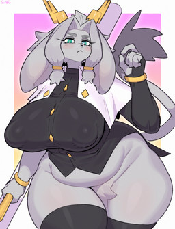 anthro belly belly_overhang big_breasts blush breasts clothed clothing female fur grey_body grey_fur huge_breasts legwear looking_at_viewer nipple_outline overweight overweight_anthro overweight_female slightly_chubby slightly_chubby_anthro slightly_chubby_female solo thick_thighs wide_hips sususuigi pseudoregalia sybil_(pseudoregalia) bovid caprine goat mammal 2026 absurd_res hi_res