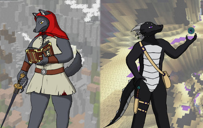 ambiguous_gender anthro black_body black_scales book claws clothed clothed_ambiguous clothed_anthro clothing duo ender_pearl fur grey_body grey_fur holding_book holding_melee_weapon holding_object holding_sword holding_weapon horn horn_jewelry inner_ear_fluff jewelry looking_at_viewer melee_weapon narrowed_eyes orange_eyes purple_eyes red_hood scales smile snaggle_tooth sword tail tuft weapon white_body white_inner_ear_fluff white_scales harker_(artist) microsoft minecraft mojang mythology xbox_game_studios canid canine canis dragon ender_dragon mammal mythological_creature mythological_scalie scalie wolf