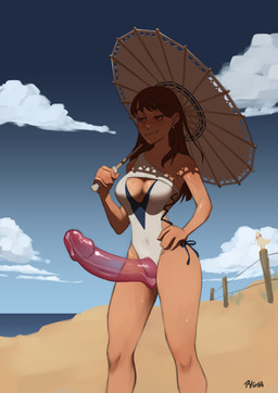 beach big_penis bodily_fluids breasts clothing cum female genital_fluids genitals goo_transformation huge_penis penis precum solo sweat swimwear transformation pygmart goo_creature goo_humanoid humanoid hybrid absurd_res hi_res