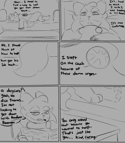anthro bodily_fluids dialogue female furniture looking_up lying newspaper on_back pawpads paws reading sofa solo stressed sweat sweatdrop table tail spicykiwi nintendo pokemon tulip_(spicykiwi) floragato generation_9_pokemon pokemon_(species) absurd_res comic hi_res monochrome story