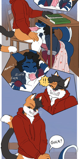 all_fours anthro anthro_on_anthro anus arm_tattoo balls black_body black_fur black_hair blue_body blue_skin bodily_fluids book bottomwear bottomwear_down chair cheek_tuft classroom cleavage_cutout clothed clothing cocky cocky_smile comic_panel cum cum_drip cum_in_mouth cum_inside cum_on_balls cutout denim denim_clothing denim_jacket denim_topwear desk dress dripping dripping_vulva dripping_wet duo ear_fins erection exclamation_point exhibitionism exposed_ass eyelashes eyes_closed facial_tuft fellatio female fin first_person_view fluffy fluffy_chest fluffy_ears fluffy_hair forced_deepthroat fur furniture gag gagged genital_fluids genitals giggling hair hand_on_desk hand_on_head hands_on_legs hands_on_thighs holding_still humming jacket licking male male/female neck_tuft on_chair oral orange_body orange_fur pants pants_around_ankles pants_down pants_on_floor partially_clothed penile penis penis_lick pulled_by_another raised_clothing raised_dress raised_tail rolled_up_sleeves school sex sharp_teeth short_hair sitting sitting_on_chair slurping spread_legs spreading standing stealth_sex table tail tail_fin tattoo teacher_on_student teasing_with_mouth teeth thick_eyelashes tip_tease tongue tongue_out tongue_out_fellatio topwear tuft under_table white_body white_fur worried worried_look maebeasheep hunter_(hhdrawer) aquatic calico_cat domestic_cat felid feline felis fish mammal shark absurd_res comic hi_res