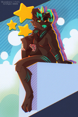 3_toes anthro breasts brown_body brown_fur can container dipstick_ears ear_markings feet female floppy_ears fur green_body green_fur green_markings green_nose holding_can holding_container holding_object looking_away markings multicolored_ears pattern_background pose simple_background sitting smile solo star striped_background toes whisker_spots yellow_sclera skweekers arizona_iced_tea jasper_(starselle) bird_dog canid canine canis domestic_dog hunting_dog labrador mammal retriever 2025 2:3 chromatic_aberration hi_res