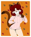 4_fingers anthro autumn autumn_leaves bangs bar_emanata bean_mouth black_ears black_emanata black_markings black_nose border bottomless bottomless_anthro bottomless_female breasts brown_inner_ear brown_markings brown_tail cat_tail cheek_tuft clothed clothing collar collar_pull contrapposto dipstick_tail emanata eye_through_hair eyebrow_through_hair eyebrows eyelashes eyelashes_through_hair facial_tuft female fingers fur gloves_(marking) hair hand_on_hip happy hip_tuft leaf leaf_background long_tail looking_at_viewer markings no_pupils open_mouth open_smile orange_background outline partially_clothed partially_clothed_anthro partially_clothed_female pink_clothing pink_sweater pink_topwear pointy_ears prick_ears red_eyes red_hair simple_background smile solo sweater sweater_only tail tail_markings tan_tuft topwear topwear_only translucent translucent_hair tuft white_border white_outline kabula_(artist) priscilla_(kabula) domestic_cat felid feline felis mammal 2019 colored digital_drawing_(artwork) digital_media_(artwork) hi_res