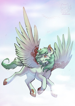 ambiguous_gender big_wings brown_body brown_eyes brown_fur cloud day detailed_background dots feathered_wings feathers feral flying fur green_hair hair long_hair multicolored_hair outside scraggy_hair side_view sky smile solo sprinkles tip_dye two_tone_hair white_body white_fur wings conditional_dnp nikoyishi hasbro my_little_pony mythology pistachio_winter_(nikoyishi) equid equine mammal mythological_creature mythological_equine pegasus 2025 absurd_res colored full-length_portrait hi_res line_art portrait shaded