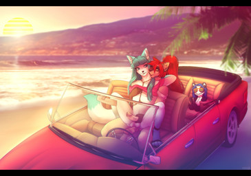 anthro beach black_bars car clothing duo feeling_up fondling footwear high_heels inside_car inside_vehicle male male/male seaside shoes sunset vehicle redsunatdawn choppah leona_(aka)_little_one sledge_revorse canid canine domestic_cat felid feline felis fox mammal hi_res letterbox