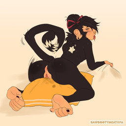 anthro anus black_body black_fur black_hair bodily_fluids butt drooling ear_piercing facial_piercing feet female fur genital_fluids genitals grinding hair looking_back masturbation nose_piercing nose_ring nude piercing pillow pillow_humping prehensile_feet pussy_juice_on_pillow raised_tail ring_piercing saliva solo tail toes tongue tongue_out vaginal vaginal_fluids vaginal_fluids_on_pillow vaginal_masturbation vulva rawbootymeat haplorhine mammal monkey primate 1:1 hi_res