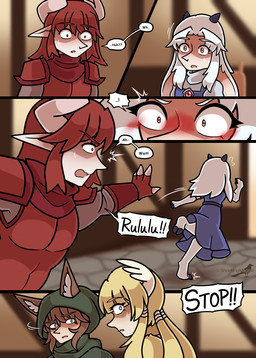 animal_ears blush blush_lines bodily_fluids clawed_hands dialogue female group hair head_wings horn humanoid_pointy_ears inside male monster_girl_(genre) open_mouth pointy_ears red_eyes red_hair simple_background sweat sweatdrop text unusual_wing_placement wings shriekingmagpie horned_humanoid humanoid winged_humanoid comic digital_media_(artwork) english_text hi_res