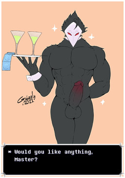 abs anthro balls black_body black_fur bow_tie condom container cup dialogue drinking_glass erection fur genitals glass glass_container glass_cup humanoid_genitalia humanoid_penis male mask muscular muscular_anthro muscular_male pecs penis presenting presenting_balls presenting_penis pubes sexual_barrier_device simple_background solo text wine_glass gwizzly deltarune undertale_(series) avian darkner swatchling 2021 digital_media_(artwork) english_text hi_res