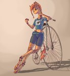 anthro bicycle bottomwear clothing female fur horn mane markings orange_mane ossicone shorts simple_background solo spandex spandex_shorts spots spotted_body spotted_fur tan_body tan_fur tight_bottomwear tight_clothing tight_shorts vehicle madhotaru penny_farthing twiggy_(oc) giraffe giraffid mammal hi_res