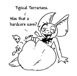 3_toes 4_fingers after_vore ambiguous_gender anthro anthro_pred belly belly_squish big_belly collar death digestion digestion_noises fatal_vore feet fingers half-closed_eyes huge_belly human_prey implied_permanent killing narrowed_eyes navel notched_ear resting round_head rumbling_stomach simple_background skull_symbol solo sound_effects spiked_collar spikes squish text toes vore vowelless vowelless_sound_effect white_background voonboon terraria fire_imp_(terraria) human mammal 2026 black_and_white english_text line_art low_res monochrome