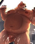 against_surface anthro balls belly big_belly black_nose bodily_fluids brown_body brown_fur cum eyes_closed fur genital_fluids genitals humanoid_hands kemono male moobs navel nipples on_glass on_glass_surface overweight overweight_male penis solo oaks16 bear mammal 2024 hi_res