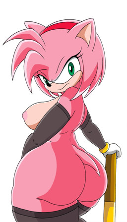 angry big_breasts big_butt breasts butt clothing female footwear green_eyes lingerie looking_at_viewer pink_body rear_view socks solo thick_thighs elangelote sega sonic_the_hedgehog_(series) amy_rose hi_res tagme