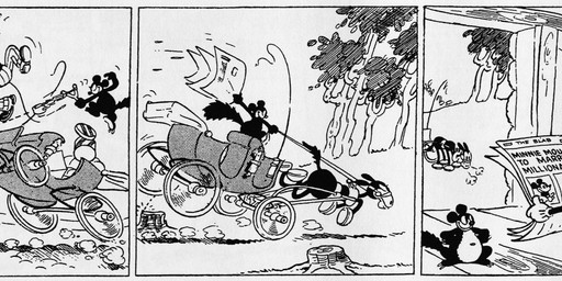 anthro bottomwear carriage clothed clothing dialogue exclamation_point feral footwear fur gloves group handwear hat headgear headwear male newspaper outside pants quadruped shoes speech_bubble standing tail text earl_duvall floyd_gottfredson disney public_domain mickey_mouse mister_slicker squeaky_(mickey_mouse) equid equine horse mammal mouse murid murine rodent sciurid tree_squirrel 1930 20th_century absurd_res ancient_art black_and_white comic dated english_text hi_res long_image monochrome signature wide_image
