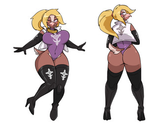 anthro beak blonde_hair boots breast_implants clothing collar cybernetics disability female footwear hair high_heeled_boots high_heels legwear leotard machine ponytail prosthetic prosthetic_arm prosthetic_leg prosthetic_limb shoes slave_warrior_shuza solo thigh_boots thigh_highs thong thong_leotard underwear saucymojo shuza_(famwammer) avian bird cyborg parakeet parrot true_parrot absurd_res hi_res