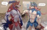 anthro anthrofied blue_body blue_fur bulge clothing dialogue duo frustrated fur jockstrap locker_room male muscular muscular_anthro muscular_male nipples open_mouth pecs red_body red_fur smile steam text underwear 1oi conditional_dnp nintendo pokemon canid canine generation_8_pokemon hero_of_many_battles_zacian hero_of_many_battles_zamazenta legendary_pokemon mammal pokemon_(species) zacian zamazenta absurd_res english_text hi_res brother_(lore) brothers_(lore) sibling_(lore)