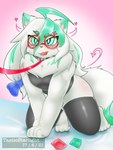 anthro bottomless clothed clothing collar condom eyewear femboy glasses leash legwear male neck_tuft sexual_barrier_device shirt solo stockings tank_top topwear tuft tasticstarlight arctic_fox canid canine fox mammal true_fox 3:4 hi_res