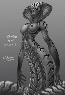 anthro apode breasts claws clitoris female genitals gradient_background legless looking_at_viewer nipples non-mammal_breasts nude scales serpentine simple_background solo split_form vulva wmdiscovery93 cobra draconcopode naga reptile scalie snake greyscale hi_res monochrome