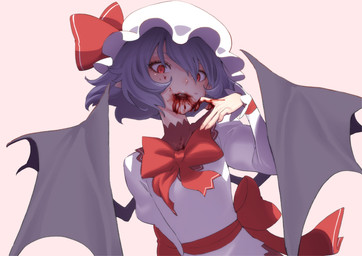 blood blood_on_face blood_on_hand bodily_fluids bonnet bow_tie clothing dress fangs female hair headgear headwear humanoid_pointy_ears membrane_(anatomy) membranous_wings mobcap pointy_ears pupils red_bow_tie red_eyes sash short_hair simple_background slit_pupils solo teeth white_clothing white_dress white_headwear wings kawayabug touhou remilia_scarlet humanoid vampire winged_humanoid 2022 absurd_res hi_res