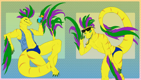 aloha_shirt anthro beverage claws clothing container cup eyewear feathers feet front_view itzal long_tail male pattern_clothing pattern_shirt pattern_topwear shirt solo speedo sunglasses swimwear tail tongue topwear yellow_body fuzzylynx reptile scalie snake absurd_res hi_res