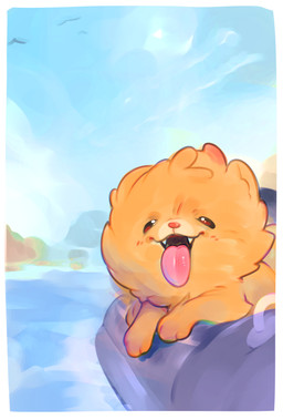 ambiguous_feral ambiguous_gender border cute_fangs detailed_background fangs feral fur glistening glistening_eyes inflatable inner_tube multicolored_body open_mouth open_smile orange_body orange_fur outside paws pink_tongue red_nose smile solo teeth tongue tongue_out water white_border ligma_(artist) nintendo pokemon pokemon_winds_and_waves ambient_bird generation_10_pokemon pokemon_(species) pombon 2026 absurd_res digital_media_(artwork) hi_res portrait shaded three-quarter_portrait